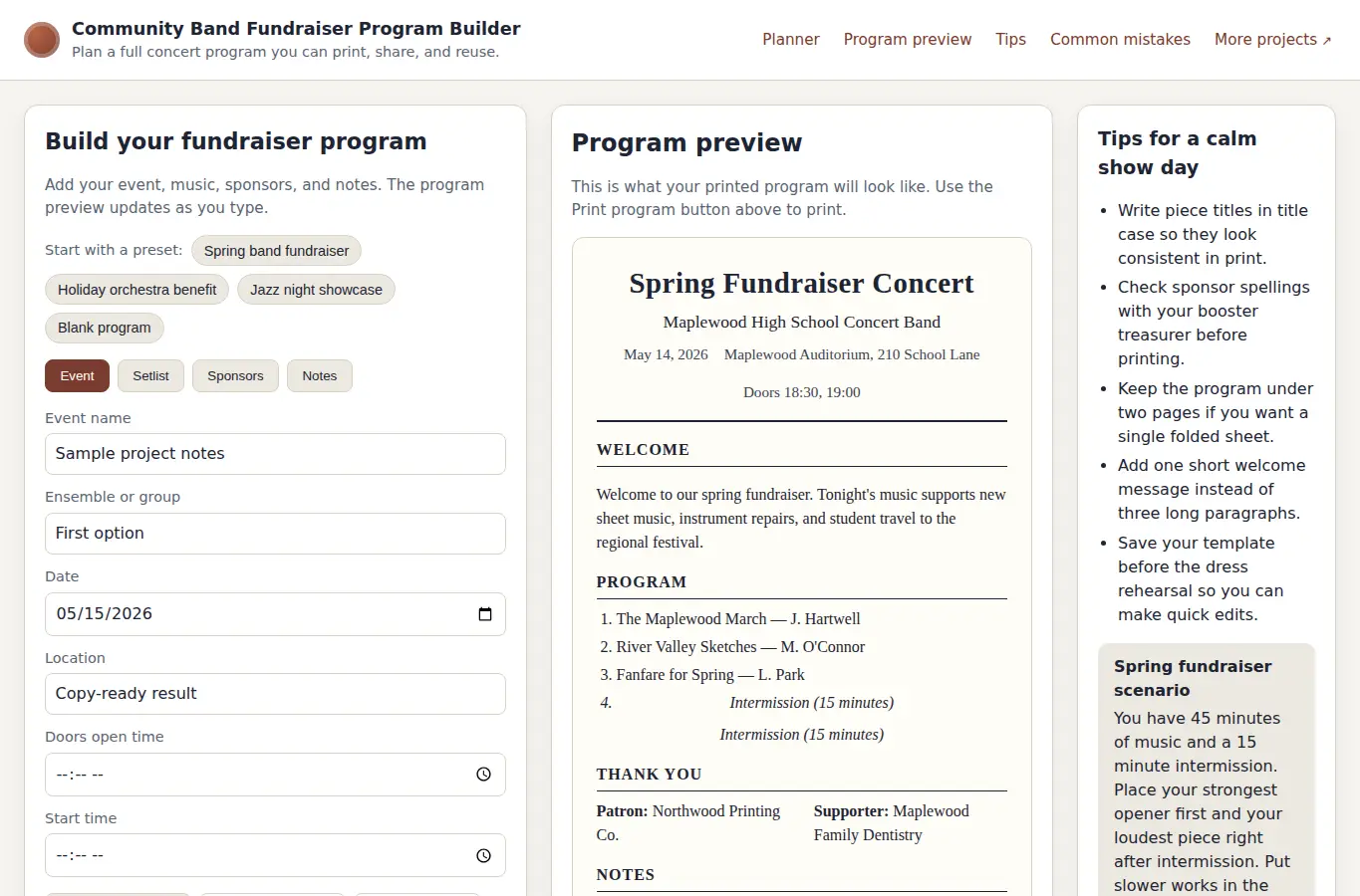 Screenshot of Community Band Fundraiser Program Builder interface showing the project page in use